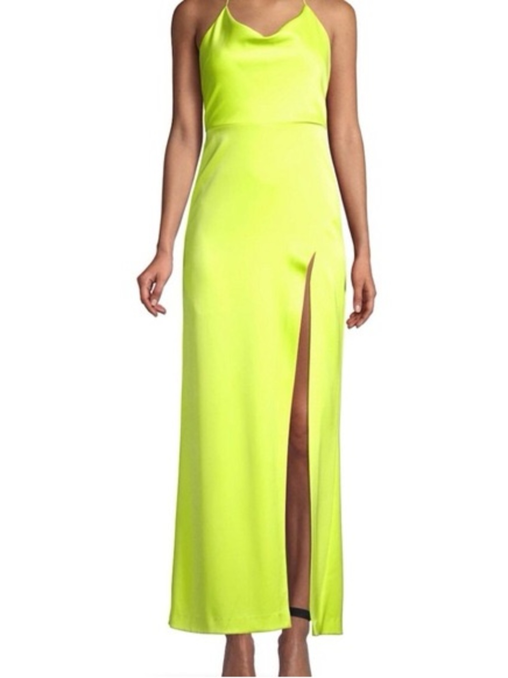 Alice + Olivia Eliza Cowl Neck Slit Maxi Dress Neon Yellow Silk Size 0